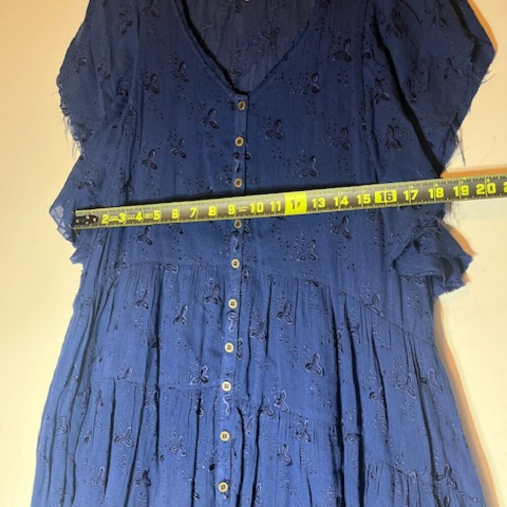 Free People Navy Blue Tiered Button Eyelet Boho Raw Hem Mini Dress Sz S - Picture 5 of 5